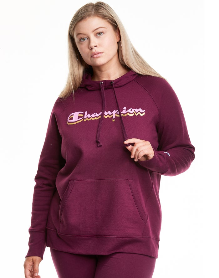 Champion Dame Hættetrøje MørkeLilla - Plus Powerblend Fleece Drop Shadow Foil Script Logo - Danmark